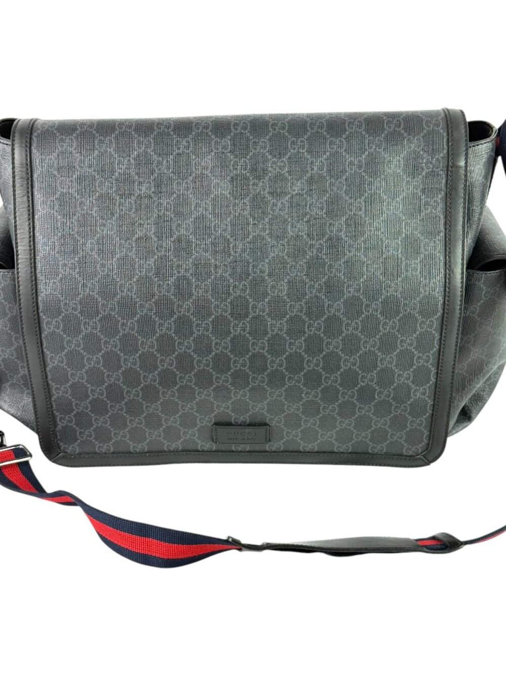 GUCCI Gray Supreme Canvas Leather Trim GG Web Diaper Changing Bag Made in Italy